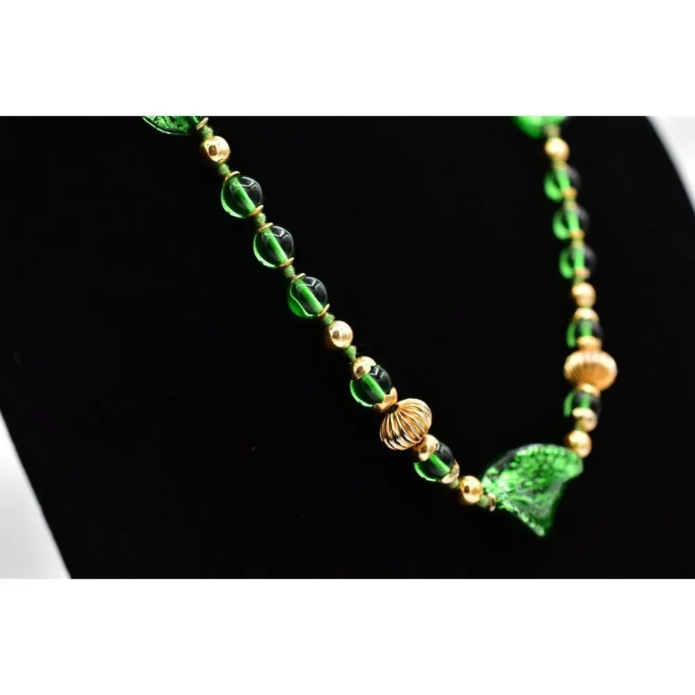 Vintage Artisan Glass Beaded Necklace Green Leaf Gold Fall Autumn 1980s BinBL